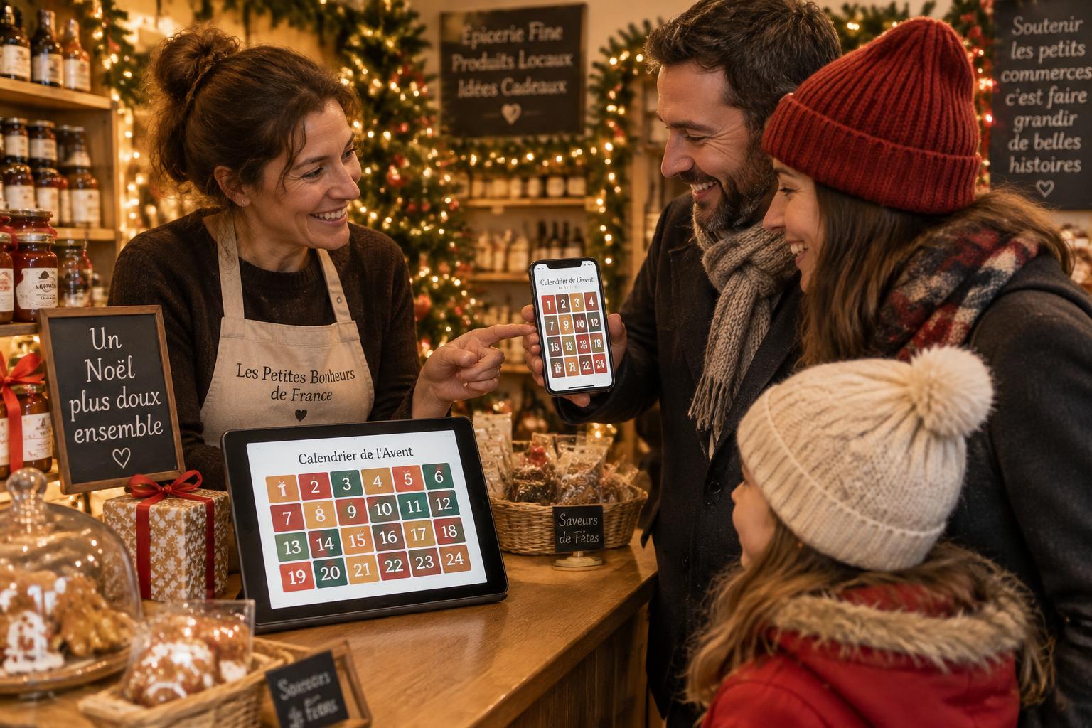 Clients d'un commerce découvrant un calendrier de l'Avent digital sur smartphone et tablette